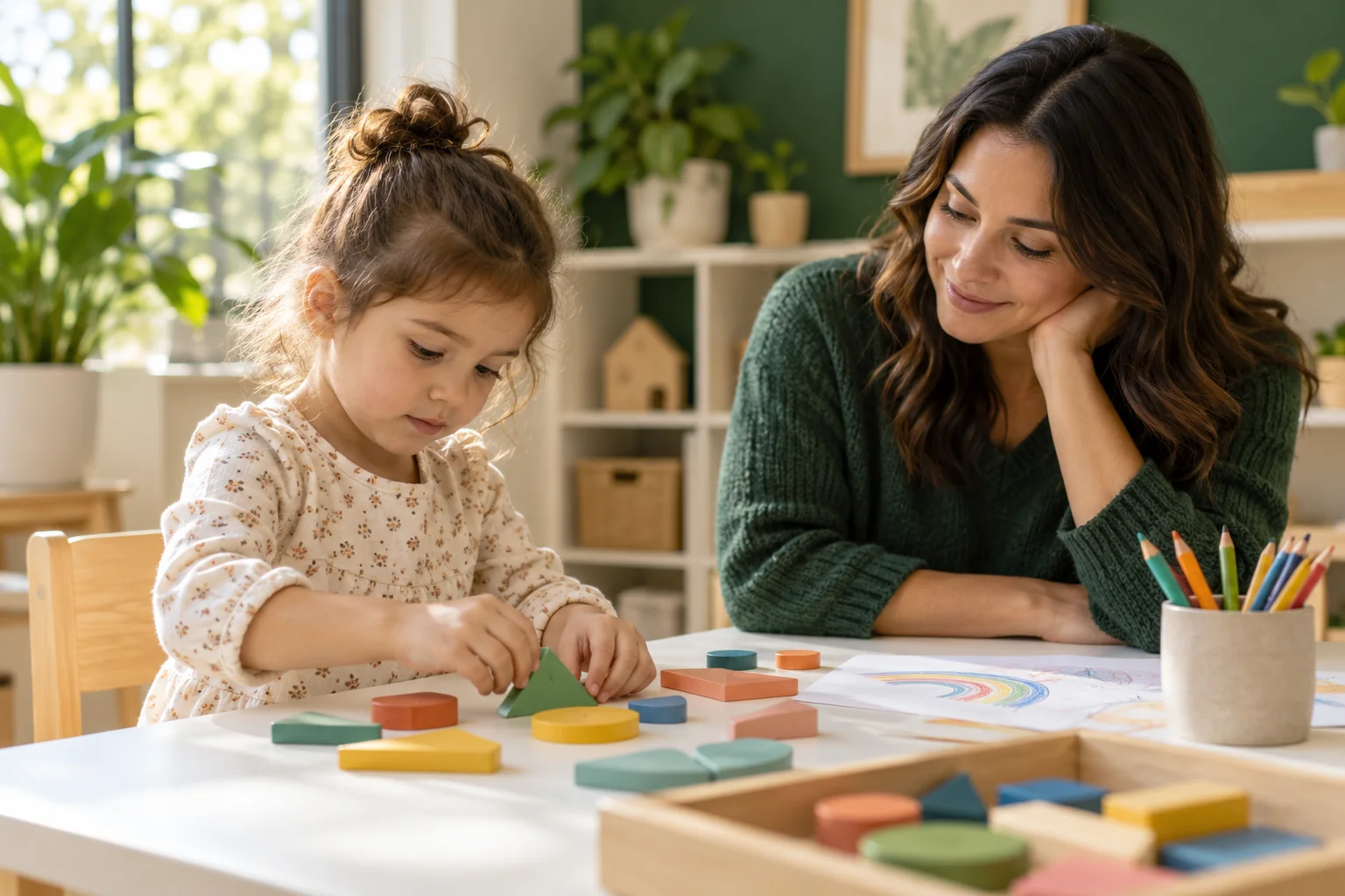 A child exploring shapes and drawing materials with a caregiver nearby.