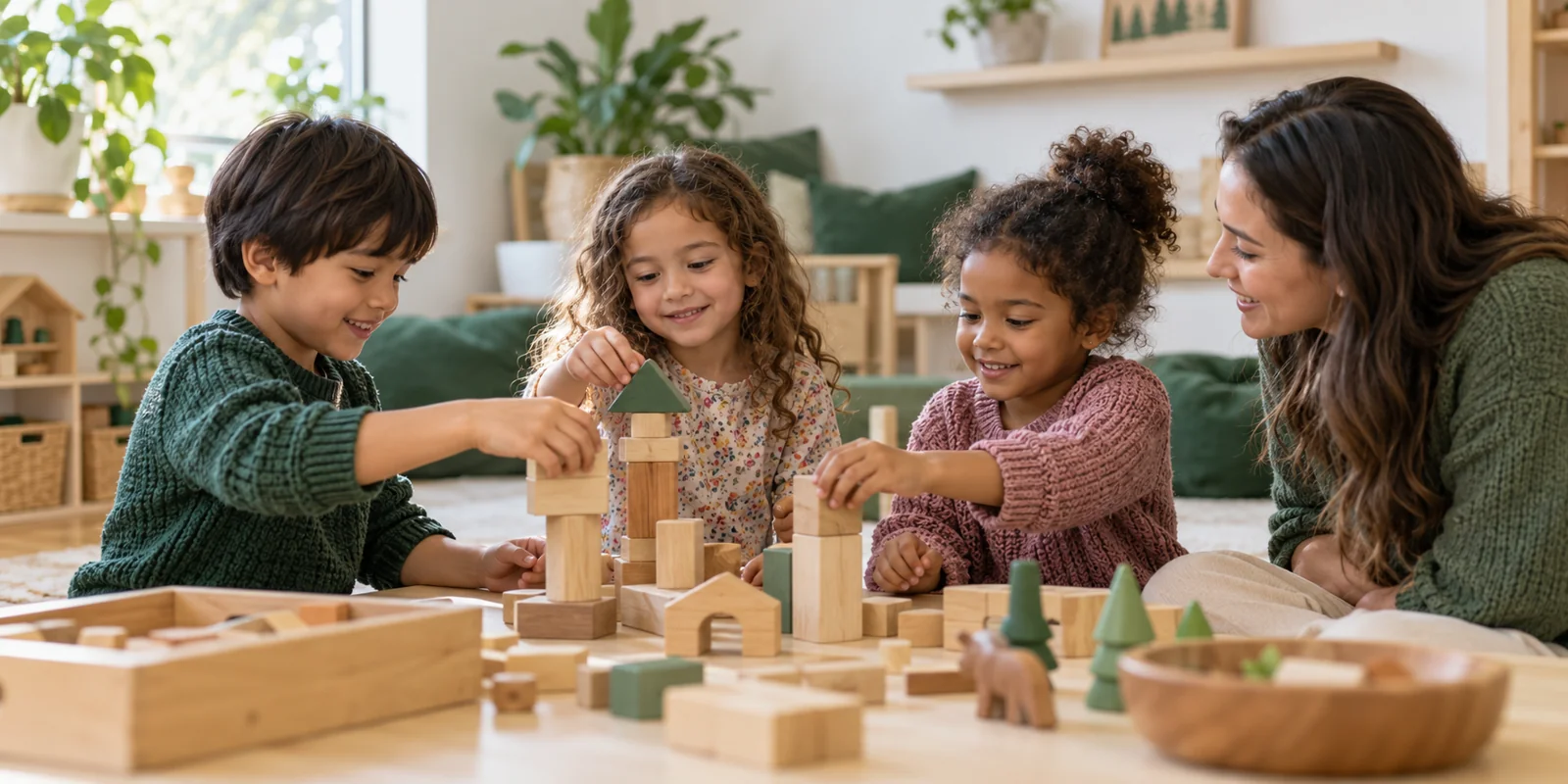 Children sharing a wooden-block building activity.