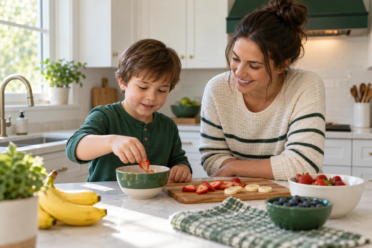 A child participating in a kitchen activity.