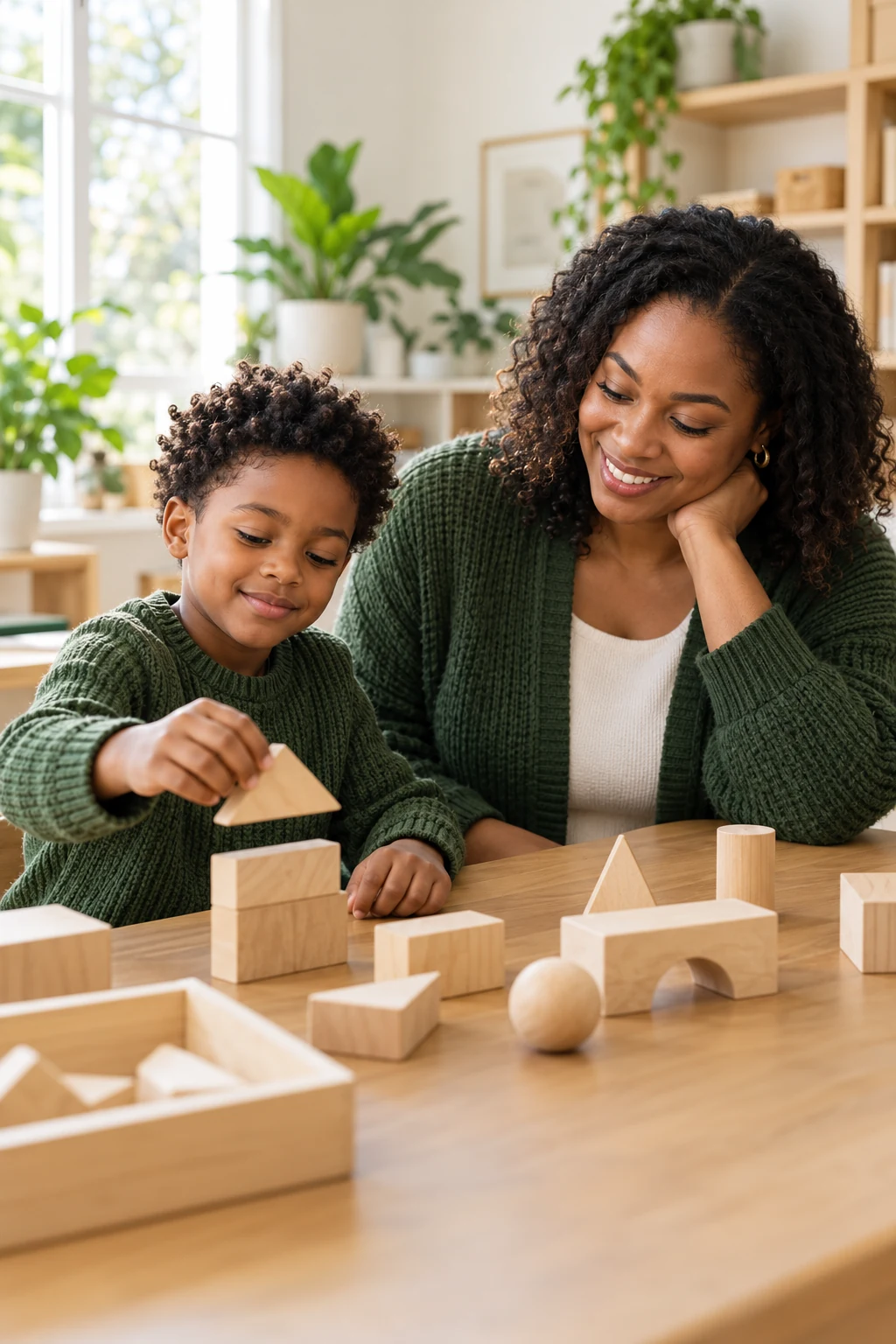 A caregiver and child exploring wooden shapes together.