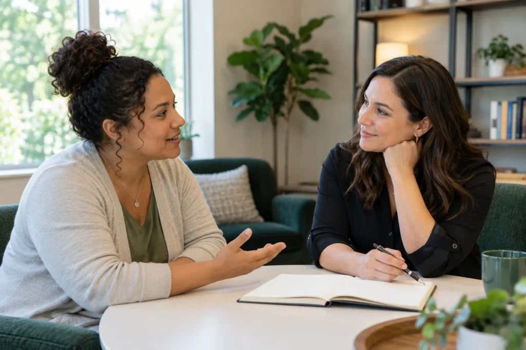 A caregiver and professional discussing support at a table.