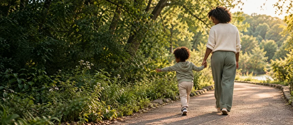 A parent and child walking together along a park path.