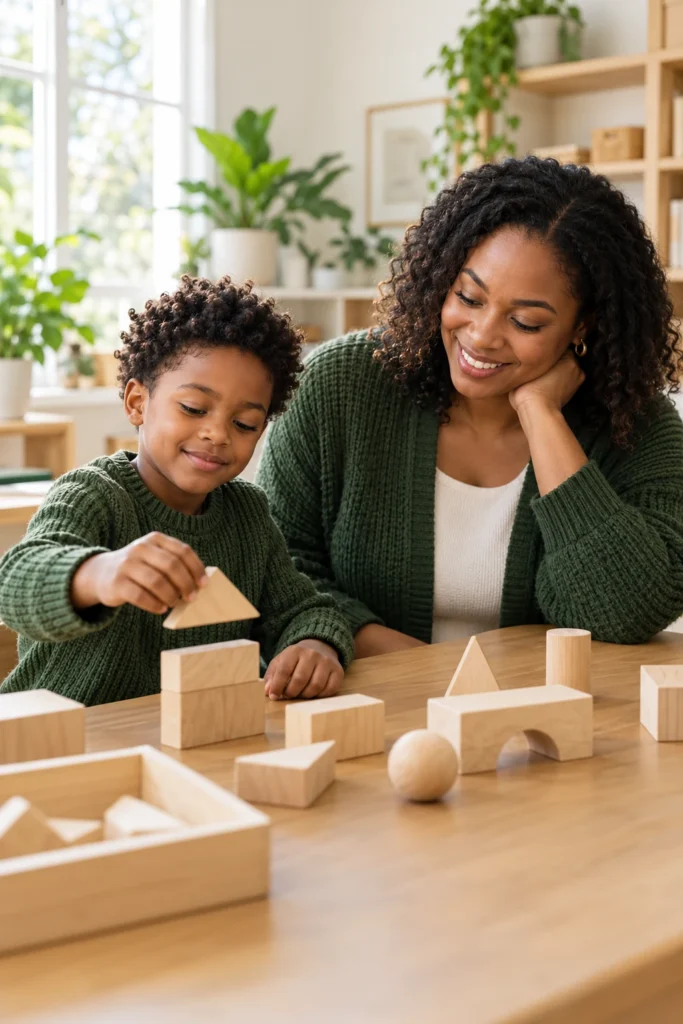 A parent and child sharing a wooden-block activity.